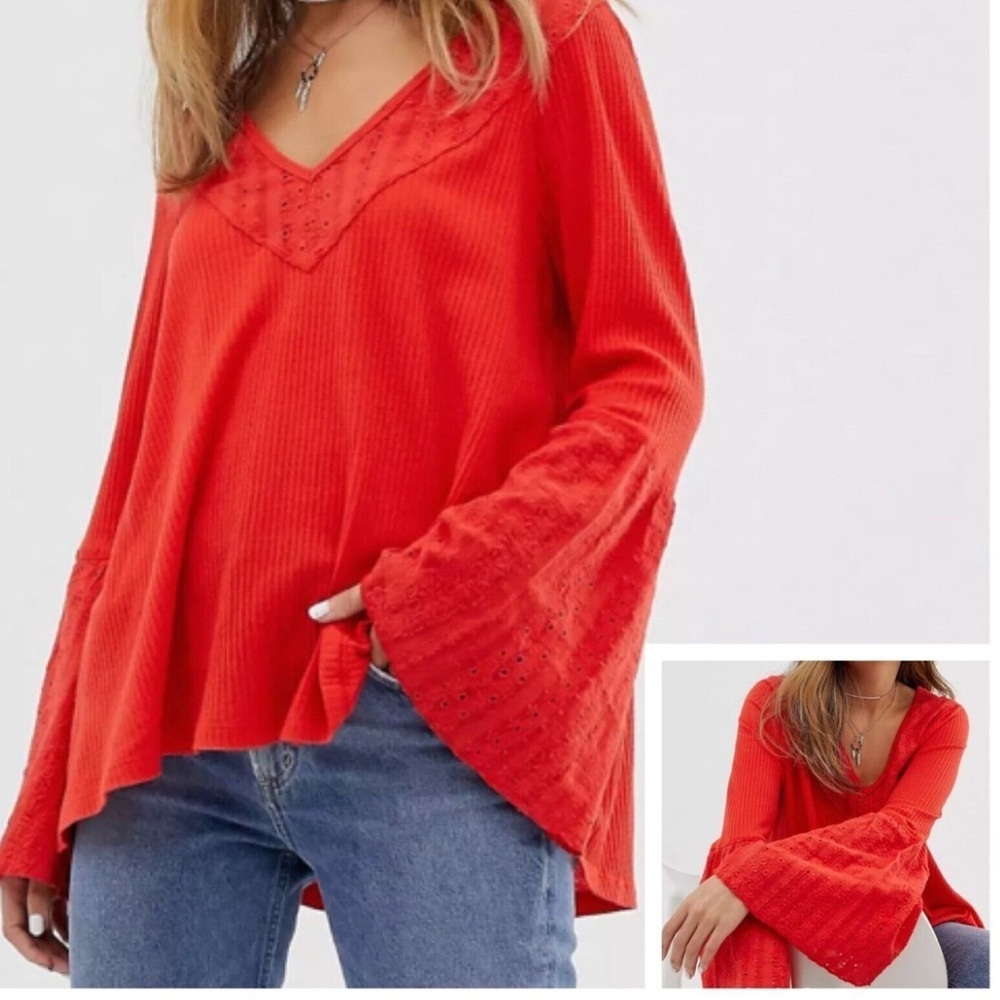Free People Parisian Nights Small Boho Flared Sleeve Embroidered Ribbed Top
